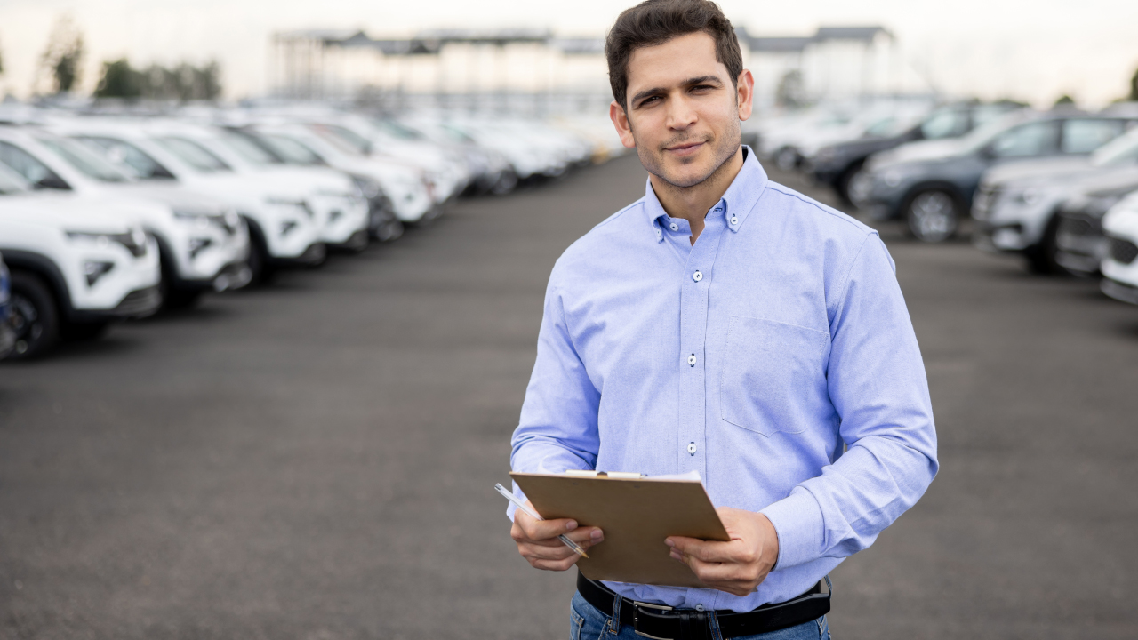 Homem segurando um tablet com uma frota de carros ao fundo